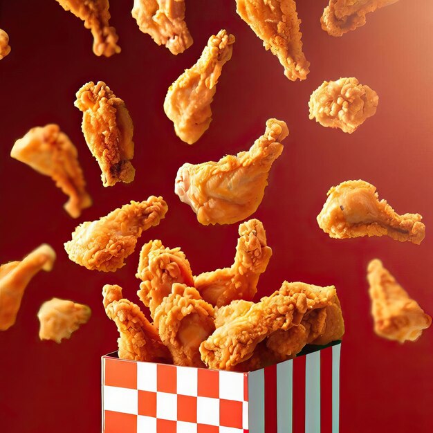 Perfect chicken wings flying around from a big red white stripes bucket box