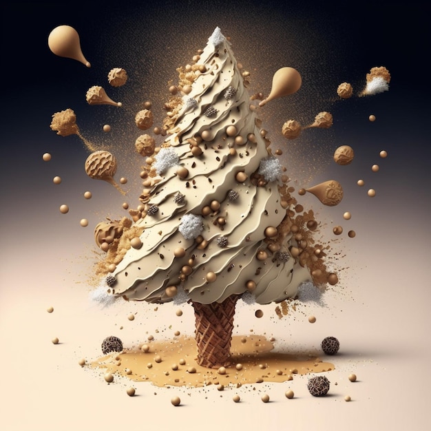 Perfect christmas tree made from vanila ice cream and cookies splashes colored nuggets candy Christmas tree ice cream Winter holiday concept New Year greeting card