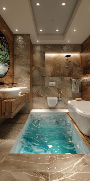 The perfect combination of wood and water creates a peaceful and comfortable bathroom space