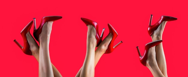 Perfect female legs wearing high heels. Shapely legs, a girl in shoes high-heeled. High heel shoes. Beautiful legs woman. Pretty female legs with red high heels on red wall.