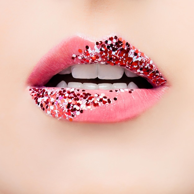 Perfect sexy woman lips macro Beautiful female mouth with glitter makeup and pink tint closeup