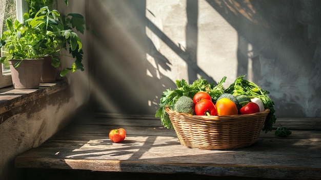 Perfect Shot of Fresh vegetables in vintage basket near window with sun rays