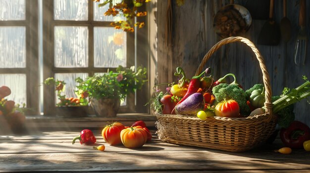 Perfect Shot of Fresh vegetables in vintage basket near window with sun rays