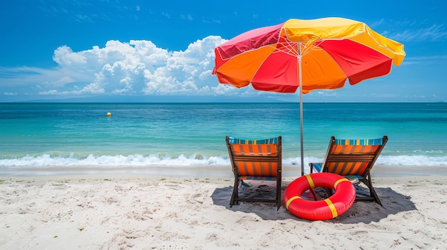 A perfect summer day at the beach featuring a vibrant umbrella a pair of beach