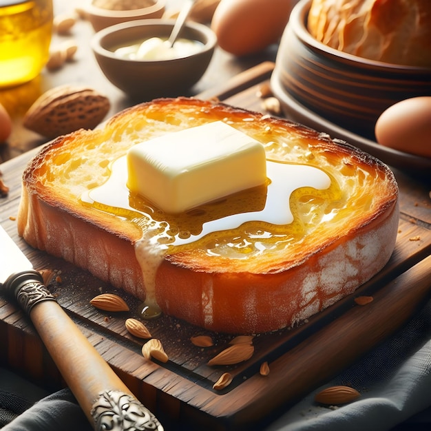 a perfectly baked bread with a butter knife and butter on a wooden table