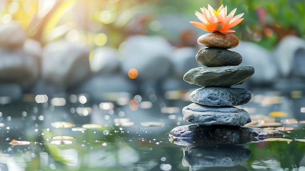 A perfectly balanced stack of gray stones with a delicate pink flower on top resting in a still pond