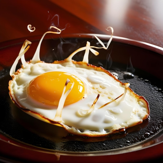 A perfectly cooked sunnyside up egg sizzles tantalizingly on a polished mahogany table