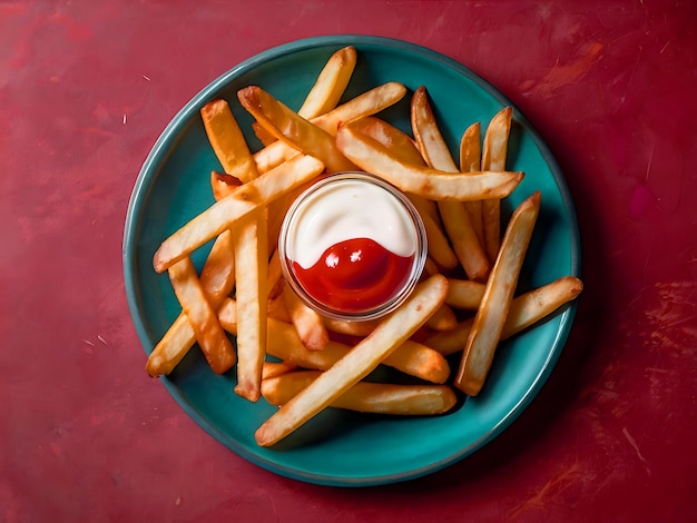 Perfectly Crispy French Fries Paired with Ketchup and Mayonnaise