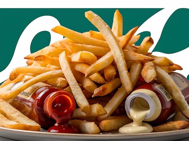 Perfectly Crispy French Fries Paired with Ketchup and Mayonnaise