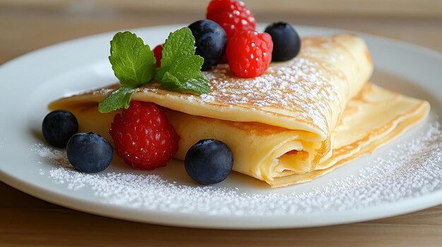 Photo a perfectly folded crepe dusted with powdered sugar and adorned with fresh berries and mint le