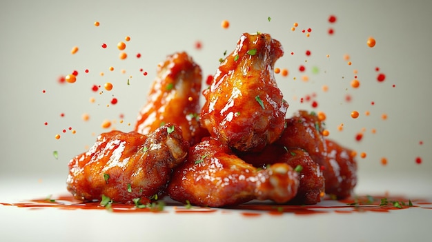 Photo perfectly framed photo of hot wings with sauce on a white background