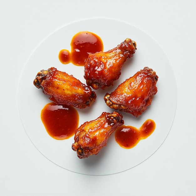 Photo perfectly framed photo of hot wings with sauce on a white background