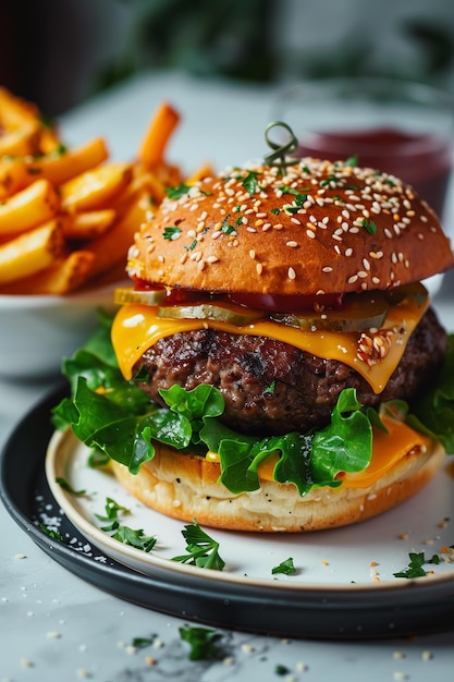 A perfectly grilled beef patty burger with lettuce cheddar cheese and tomato sauce on an elegant