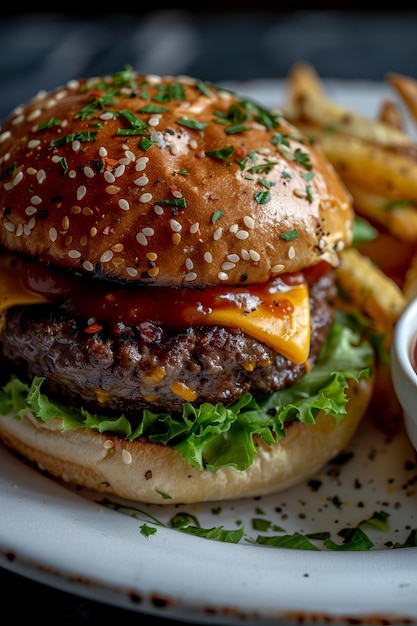 A perfectly grilled beef patty burger with lettuce cheddar cheese and tomato sauce