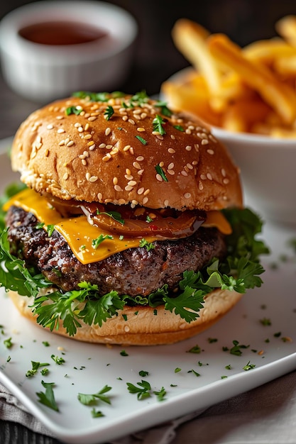 A perfectly grilled beef patty burger with lettuce cheddar cheese and tomato sauce