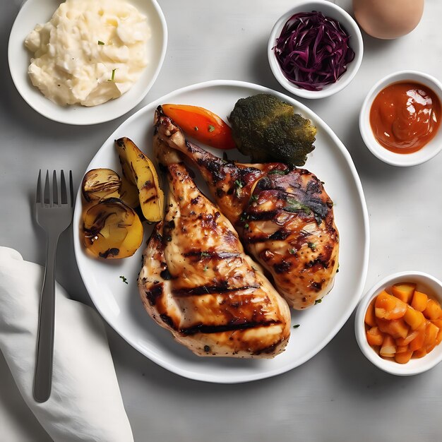 Photo perfectly grilled chicken breast with roasted vegetables and tangy dipping sauce ai generate