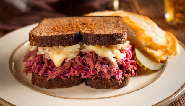 Photo a perfectly grilled reuben sandwich layered with corned beef sauerkraut swiss cheese and r