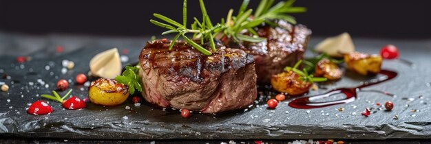 Perfectly Grilled Steak Dish with Vibrant Garnishes on Slate SurfaceExuding Culinary Refinement and Gourmet Allure