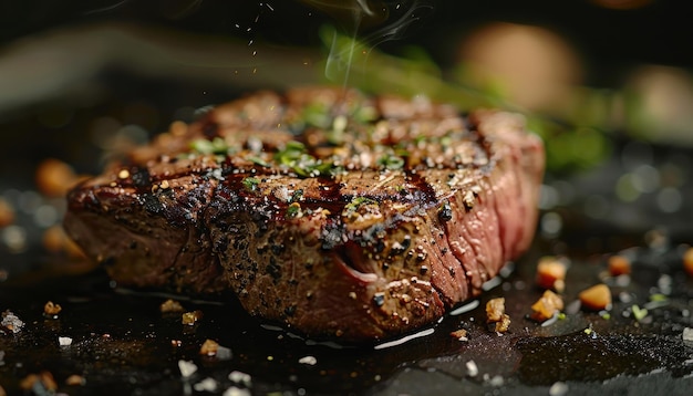 Photo perfectly grilled steak with searing marks on minimalist background