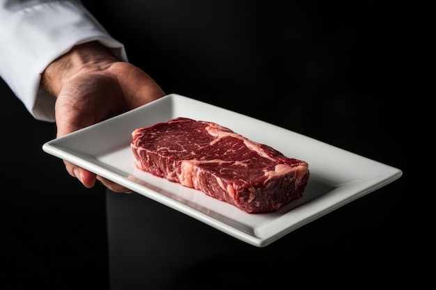 Photo a perfectly marbled steak is presented elegantly on a white plate it showcases highquality meat ideal for gourmet dining captivating and visually stunning generative ai