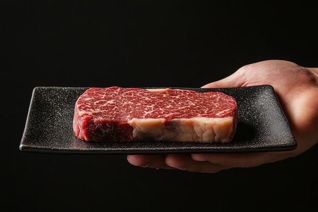 Photo a perfectly marbled steak is showcased on a black plate the hand holds the plate firmly ideal for food lovers and culinary experts capturing luxury and freshness generative ai