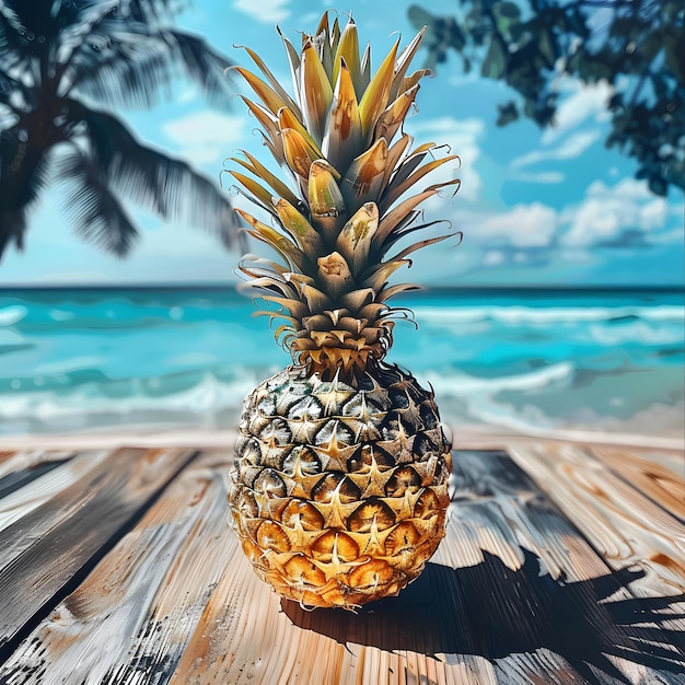 A perfectly pineapple on a table with a background of a Caribbean beach