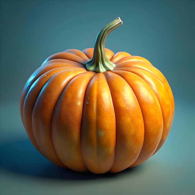 A perfectly ripe orange pumpkin with a vibrant green stem isolated on a teal background