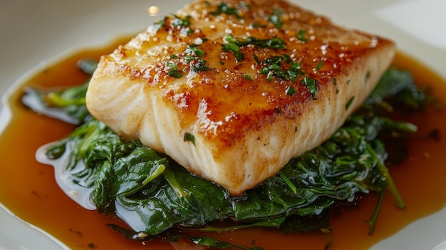 A perfectly seared halibut fillet rests atop a bed of sauteed spinach glistening with a rich g