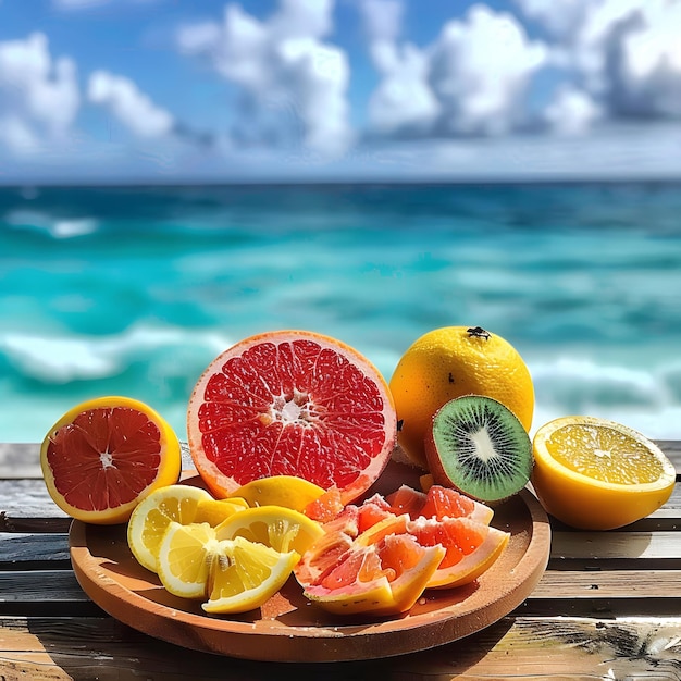 Perfectly sliced and peeled tropical fruit on a table with a background of a Caribbean beach