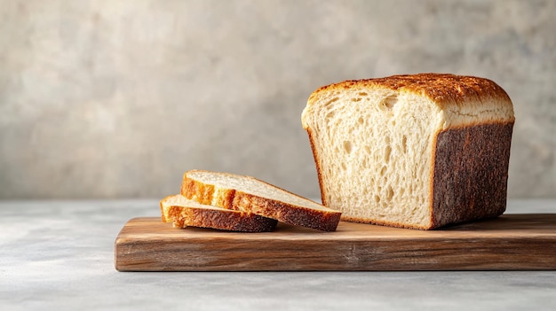 A perfectly toasted loaf of goldenbrown bread sits atop a rustic wooden cutting board with slices neatly arranged beside it The breads texture is detailed showing the airy crumb and crisp crust