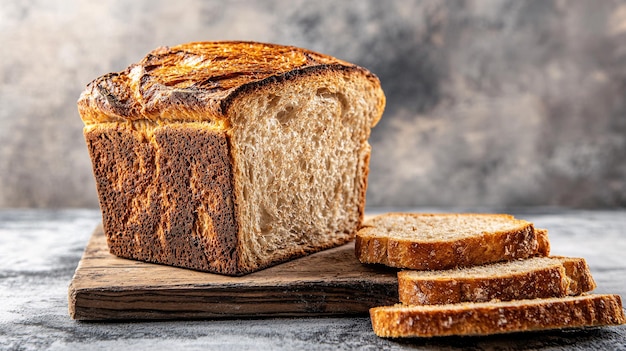 A perfectly toasted loaf of goldenbrown bread sits atop a rustic wooden cutting board with slices neatly arranged beside it The breads texture is detailed showing the airy crumb and crisp crust