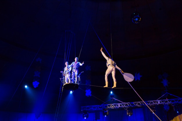 Performance of aerialists in the circus arena.