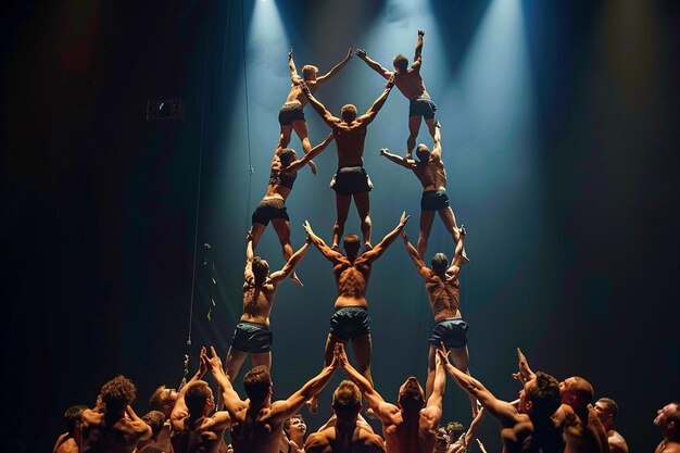 Photo performers forming human pyramids with precise coo generative ai