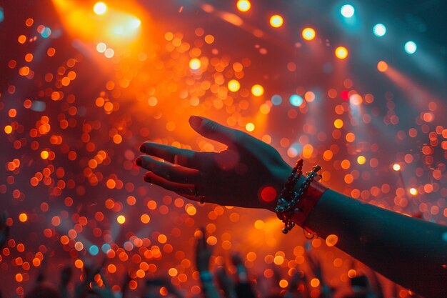 Photo performers hand touching concert stage closeup