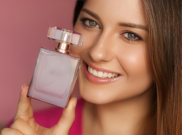 Perfume beauty product and cosmetics model face portrait on pink background beautiful woman holding fragrance bottle with floral feminine scent fashion and makeup