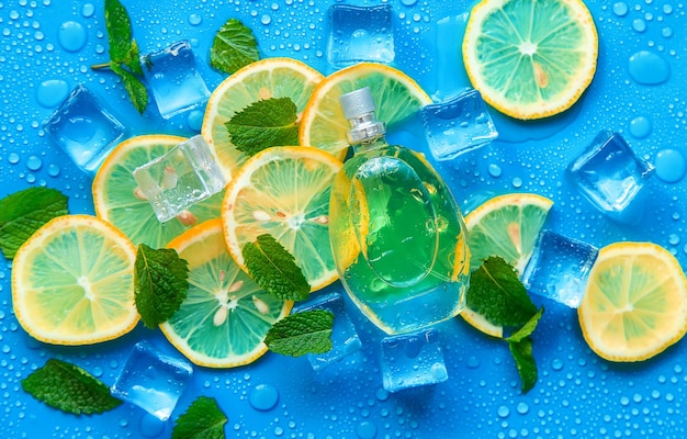 Perfume on a blue background with ice cubes and mint lemon Selective focus