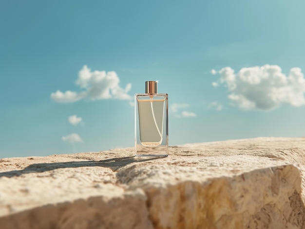 Perfume Bottle Against Sky and Stone Backdrop Generative AI