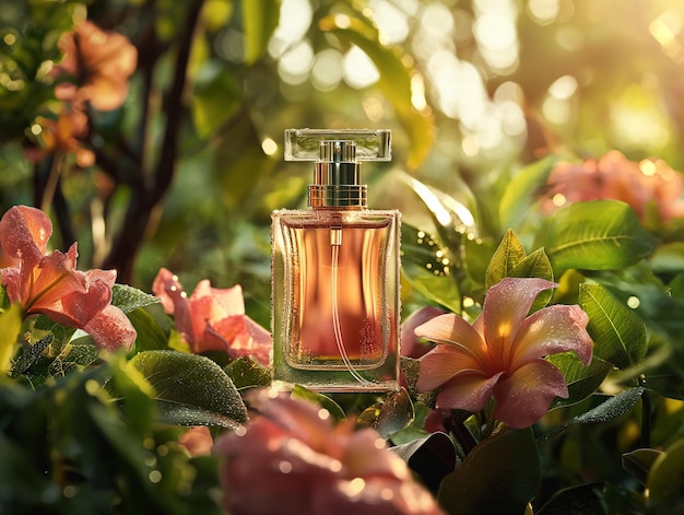 Perfume Bottle Amidst Blossoming Flowers Generative AI