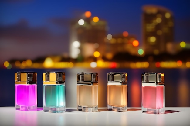 Perfume bottle on the background of the night neon city Neural network AI generated