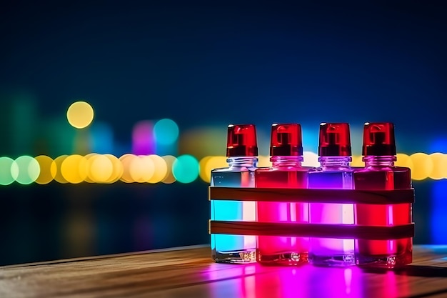 Perfume bottle on the background of the night neon city Neural network AI generated