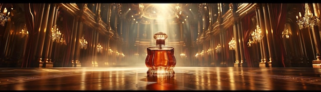 A perfume bottle in ballroom setting