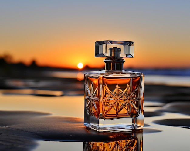 Perfume bottle on the beach at background of a beautiful sunset