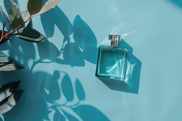 Perfume bottle on the blue background Summer atmosphere Flat lay