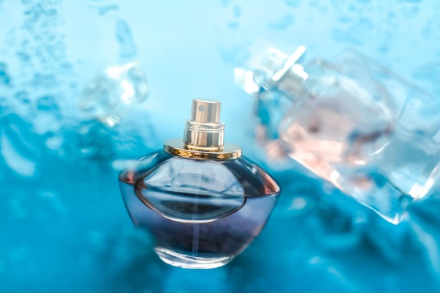 Perfume bottle under blue water fresh sea coastal scent as glamour fragrance and eau de parfum product as holiday gift luxury beauty spa brand present