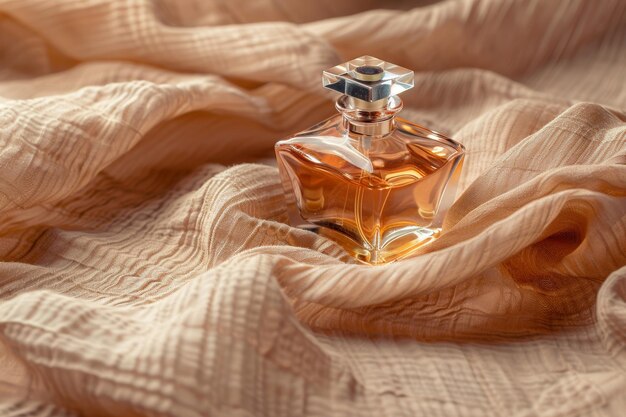 Photo perfume bottle on a brown fabric background side angle warm lighting minimalistic composition mockup for design