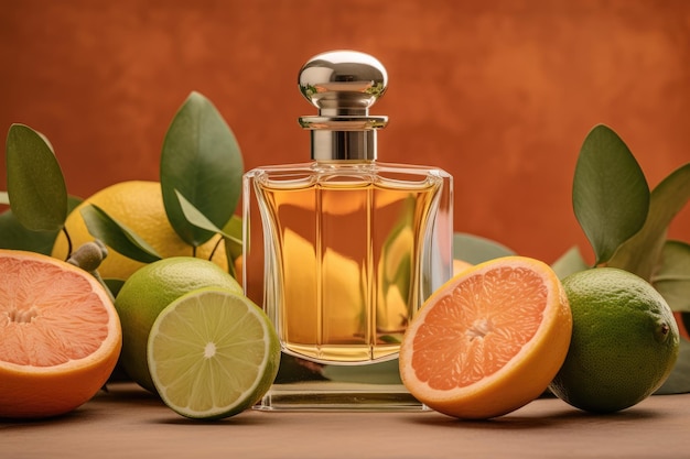 Perfume bottle on citrus background AI generated