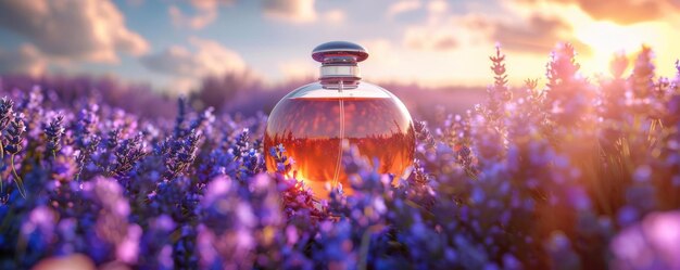 A perfume bottle in a field of blooming lavender blue sky