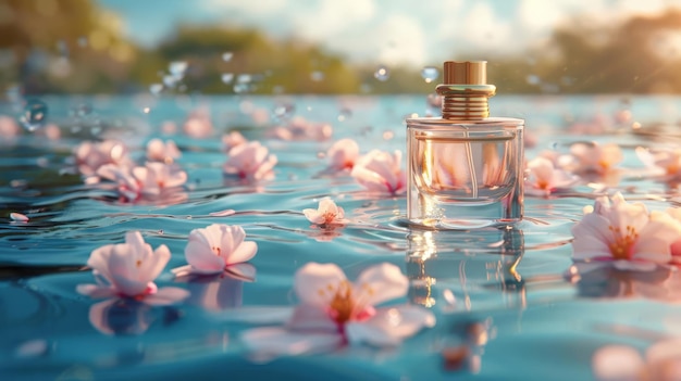 A perfume bottle floating in a pool of water with flower