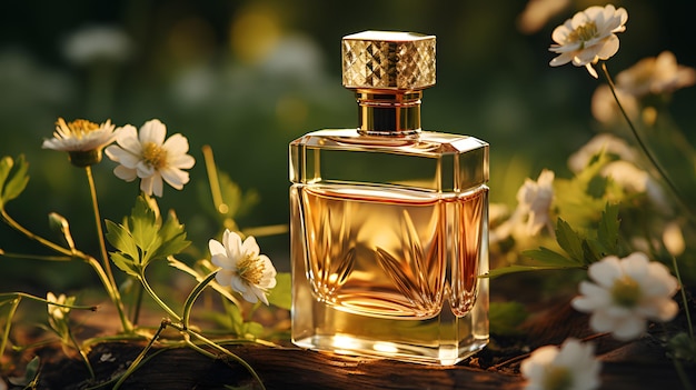 Perfume bottle on green moss in forest Luxury fragrance