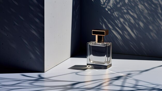 a perfume bottle illuminated with moody lighting casting a hyperrealistic long shadow on a concrete surface from above capturing the essence of sophistication and modern aesthetics